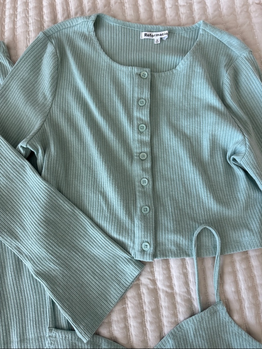Reformation Three-Piece Ribbed Skirt Set in Green | size Small - Picture 2 of 4